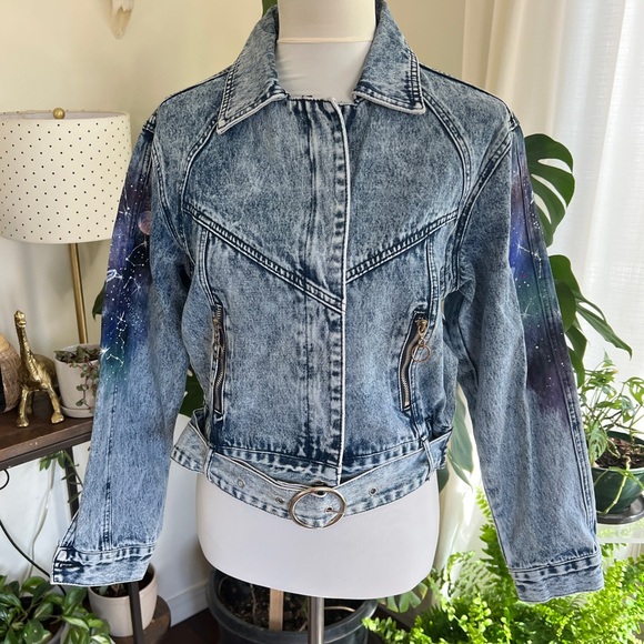 Galaxy Hand Painted Vintage Retro Denim Jean Jacket S/M - Picture 3 of 13